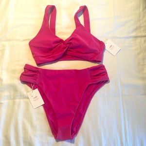 Andie Swim NWT bikini, high waist ruched side and twist front top, pink